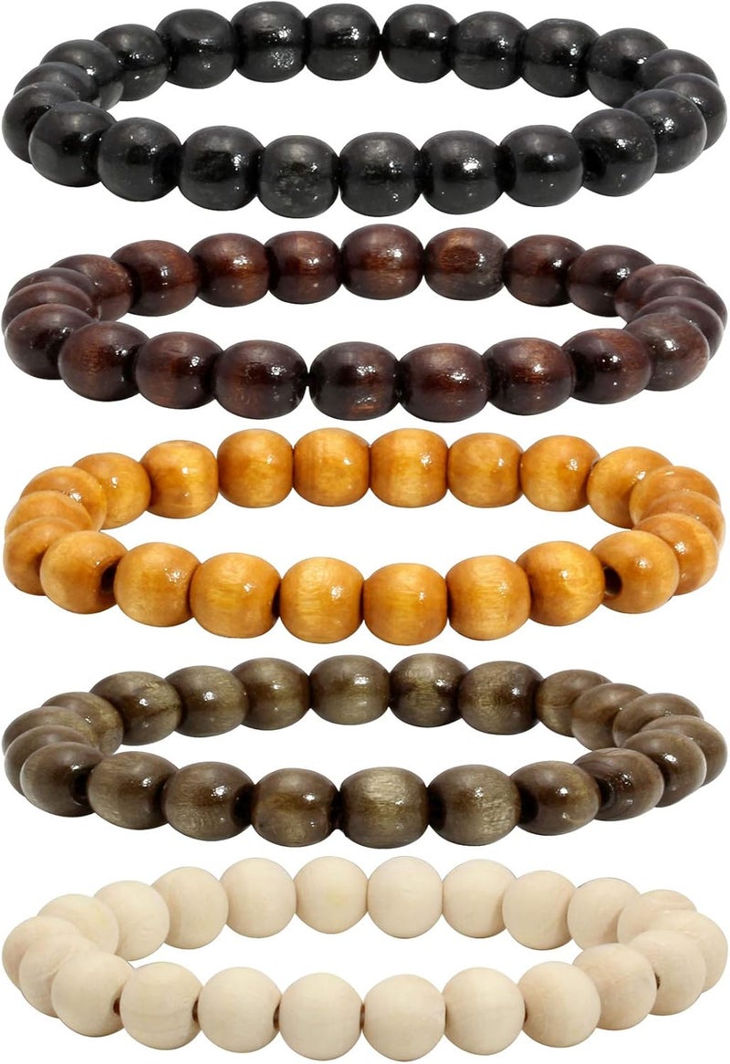 Milakoo 5 Pcs Wooden Beaded Bracelet Bangle for Men and Women Elastic - Image 1